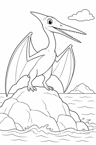 A friendly Pterodactylus with a long toothed snout, small feet and membrane wings perches on a coastal rock above sea waves.