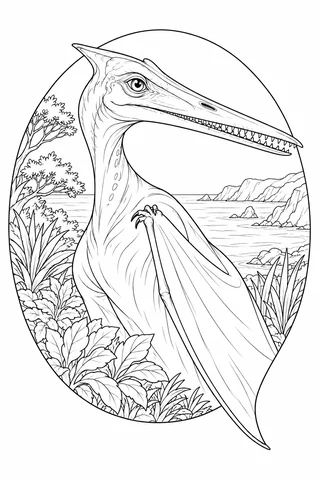 A Pterodactylus head and neck with a narrow toothed snout and folded membrane wing appear against an oval coastal scene.