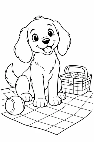 A seated floppy-eared puppy sits on a checked blanket with a ball on one side and a closed picnic basket on the other.