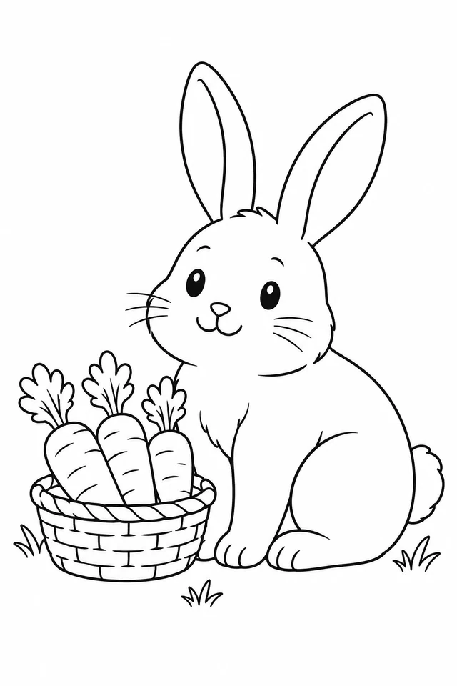 A seated rabbit with long ears and a round tail sits next to a woven basket holding three large carrots.