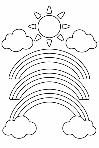 Black outline coloring page of three stacked rainbow arches, four clouds and a sun.