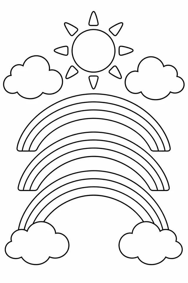 Black outline coloring page of three stacked rainbow arches, four clouds and a sun.