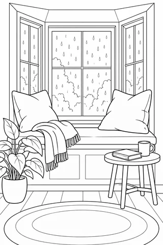 Line drawing of a window seat with two cushions, rain outside, a plant, book, mug and oval rug.