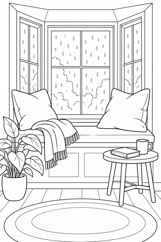 Line drawing of a window seat with two cushions, rain outside, a plant, book, mug and oval rug.