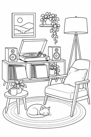 Record player and speakers on a cabinet beside a lounge chair, lamp and sleeping cat.