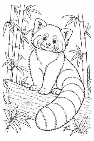 A seated red panda with a large ringed tail rests on a log, framed by tall bamboo stalks and pointed leaves.