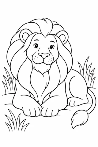 A reclining lion faces forward with a large sectioned mane, front paws together and a tufted tail beside tall grass.