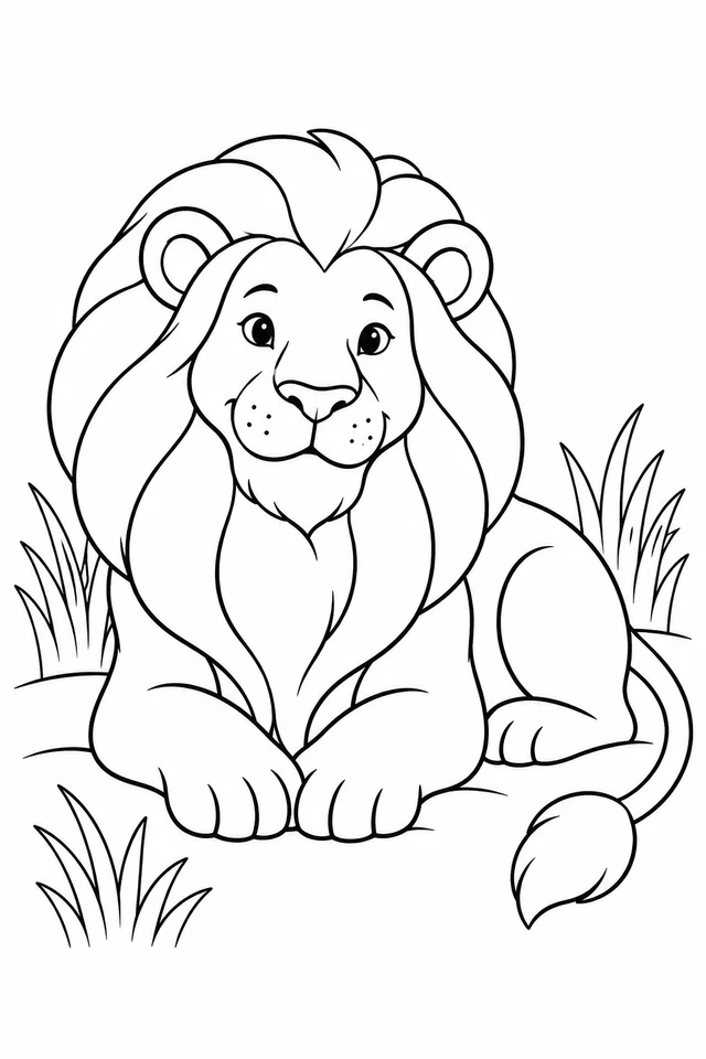 A reclining lion faces forward with a large sectioned mane, front paws together and a tufted tail beside tall grass.