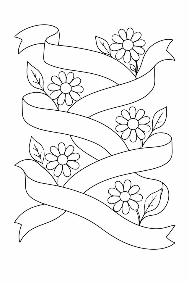 Black outline pattern of flowing ribbon strips, five daisies and leaves.