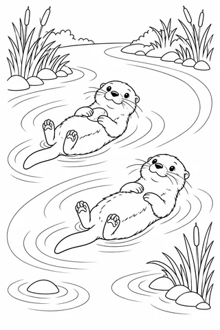 Two otters float on their backs in a winding river; one holds a pebble, and reeds grow along the stone-lined banks.