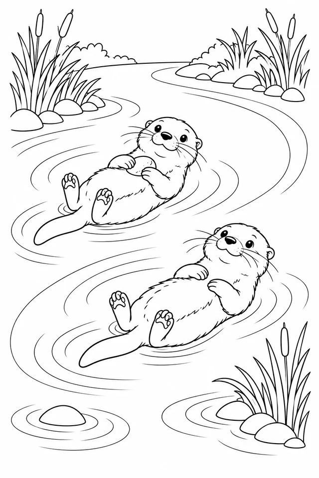 Two otters float on their backs in a winding river; one holds a pebble, and reeds grow along the stone-lined banks.
