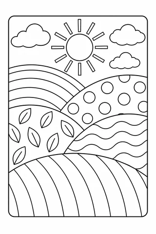 Black outline rectangular landscape panel with patterned hills, a sun and three clouds.