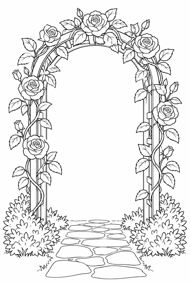 Rose vines wrap around an arched trellis above a stone path, with low shrubs at the base.