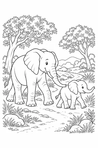 A full-body elephant and smaller calf walk along a winding trail between two leafy trees, grass tufts and rounded stones.