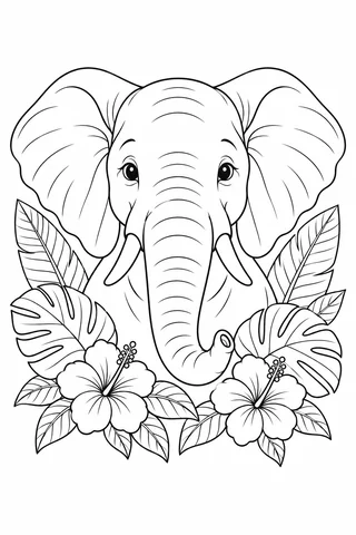 A front-facing elephant head with two broad ears, two tusks and one curved trunk, framed by large leaves and two flowers.