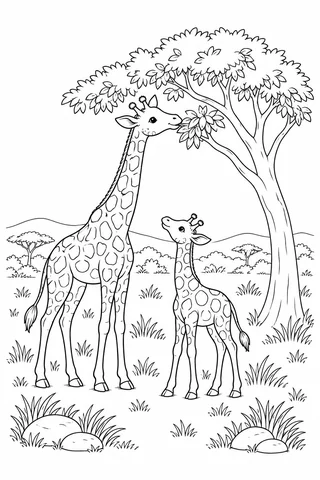 A giraffe parent reaches toward leaves on a complete tree while a smaller calf looks up, with outlined coat patches, grass tufts, rocks and distant hills.