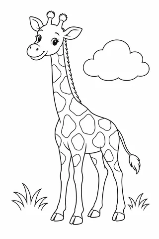 A friendly full-body giraffe with four long legs, two ears, two tufted head knobs and large unfilled body patches stands beside a cloud.