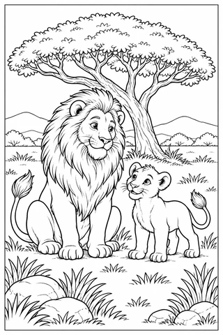 A seated adult cartoon lion and standing cub with separate paws and tufted tails beneath a spreading tree, with hills, grass and rocks inside a rectangular outline.