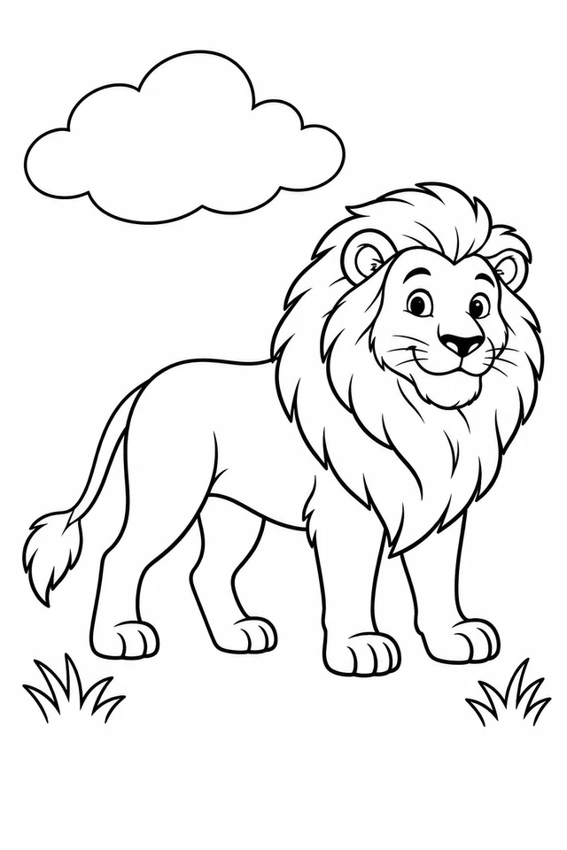 A full-body standing cartoon lion with four visible paws, two ears, a broad mane and one tufted tail, beneath a large cloud between two grass tufts.