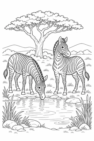 Two zebras with outlined stripes stand at a waterhole beneath a broad tree; one drinks while the other looks outward, with reeds and stones around the water.