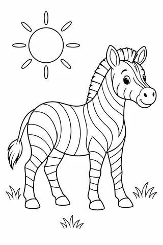 A friendly standing zebra with four visible legs and broad unfilled stripe bands beneath a large sun, with a few grass tufts.