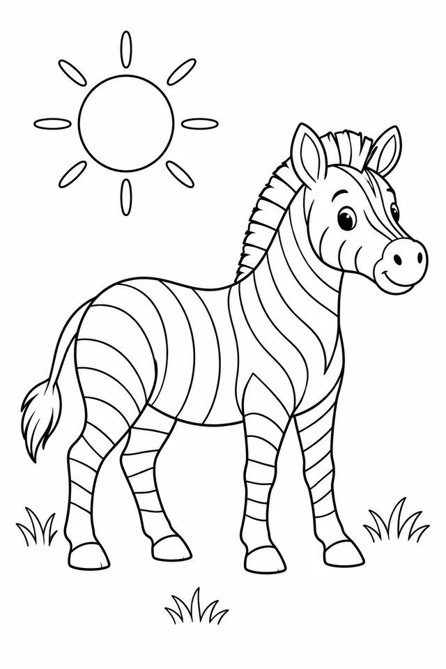 A friendly standing zebra with four visible legs and broad unfilled stripe bands beneath a large sun, with a few grass tufts.