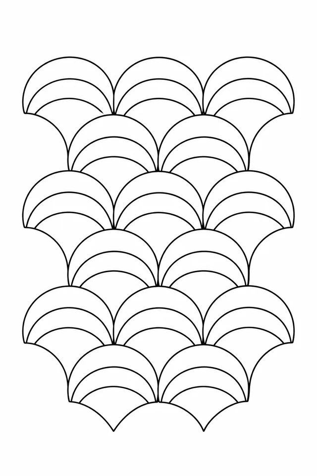 Black outline pattern of broad scalloped fans in six staggered rows, each divided into three curved bands.