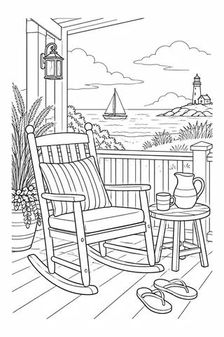 Rocking chair with cushion on a seaside porch, pitcher, sandals, grasses, boat and lighthouse.