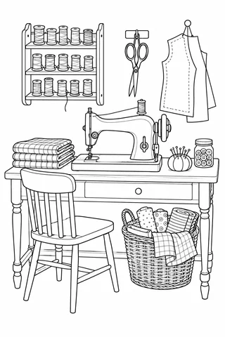 Sewing machine on a wooden desk with thread rack, scissors, paper pattern and fabric basket.