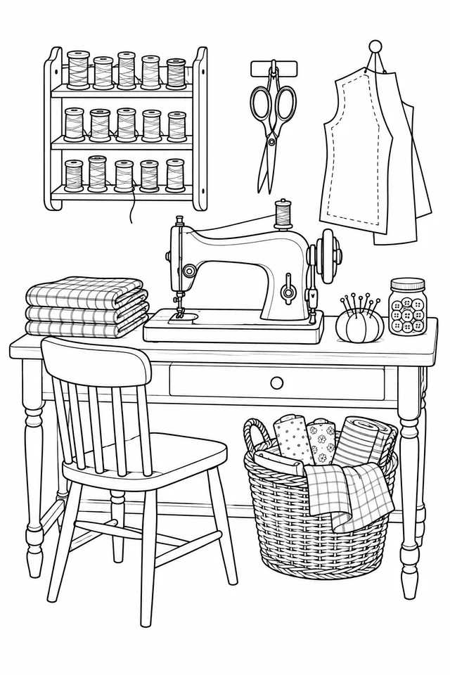 Sewing machine on a wooden desk with thread rack, scissors, paper pattern and fabric basket.