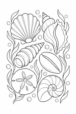 Black outline seaside pattern of five stylized shells and a sand dollar among seaweed and bubbles.