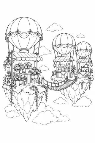 Three balloon-topped market stalls on two floating islands joined by a rope bridge.