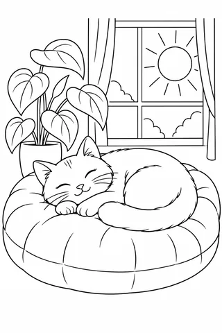 Bold outline coloring page of a sleeping cat on a cushion beside a plant and window.