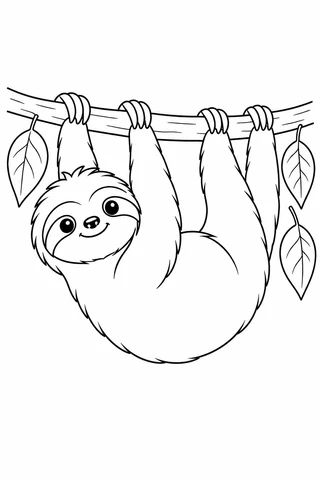 A sloth hangs below a curved branch by four limbs, with three broad leaves beside its rounded body.