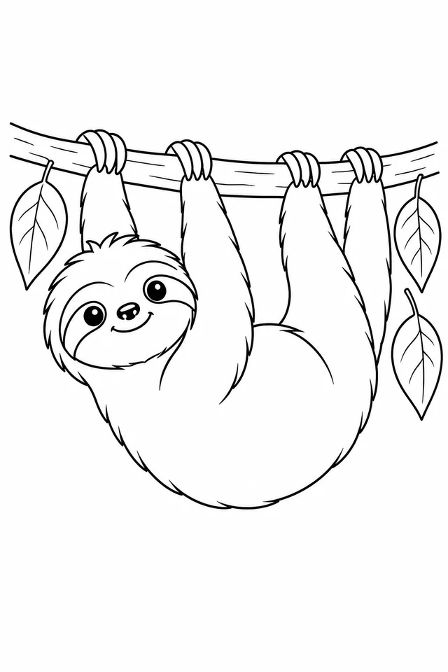 A sloth hangs below a curved branch by four limbs, with three broad leaves beside its rounded body.