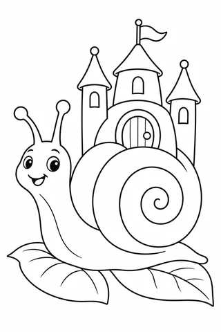 Smiling snail with a three-tower castle rising from its spiral shell, resting on two broad leaves.