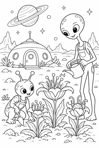 Two friendly original aliens tend three unusual flowers beside a domed home, with rocky peaks and a ringed planet in the sky.