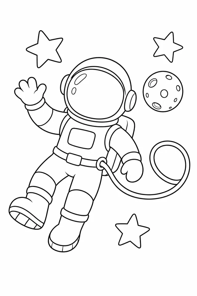 A cartoon astronaut with two arms and two booted legs waves beside three stars and a cratered imaginary moon, with a cable looped from the waist.