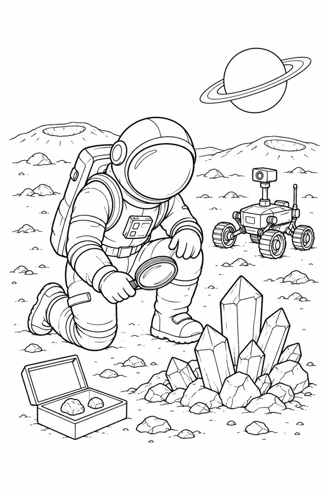 A kneeling astronaut with a blank visor holds a magnifying glass beside large crystals, with an open sample box, small rover, cratered hills and an imaginary ringed planet.
