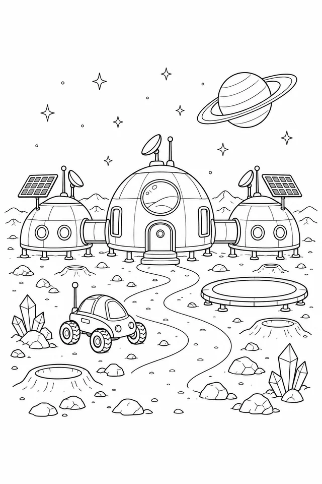Three domed fictional habitat pods linked by enclosed tunnels, with solar panels, antennas, a rover, circular landing platform, crystals and an imaginary ringed planet.
