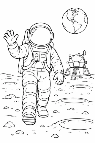 A suited astronaut waves with one foot raised on a cratered moon surface, beside a small lander and a distant Earth.