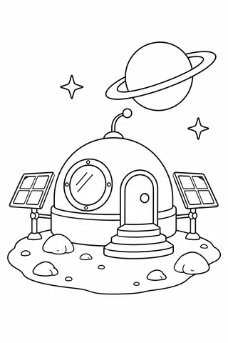 A domed imaginary space pod with a round window, arched door, three steps and two side panels stands on rocks below a ringed planet and two stars.