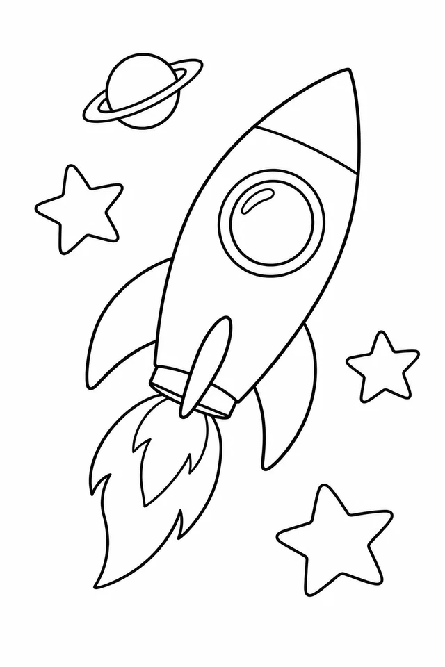 A simple pointed rocket with a large porthole and three visible fins flies diagonally past three large stars and an imagined ringed planet.