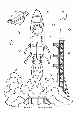 A fictional rocket with a round porthole rises beside a braced launch tower above an outlined exhaust cloud, beneath stars, a crescent and a ringed imaginary planet.