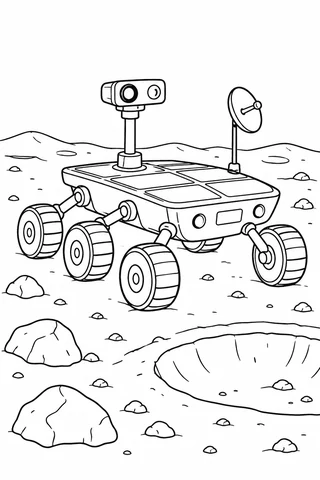 An imaginative wheeled rover with broad body panels, a camera mast and antenna moves past moon rocks and a crater.
