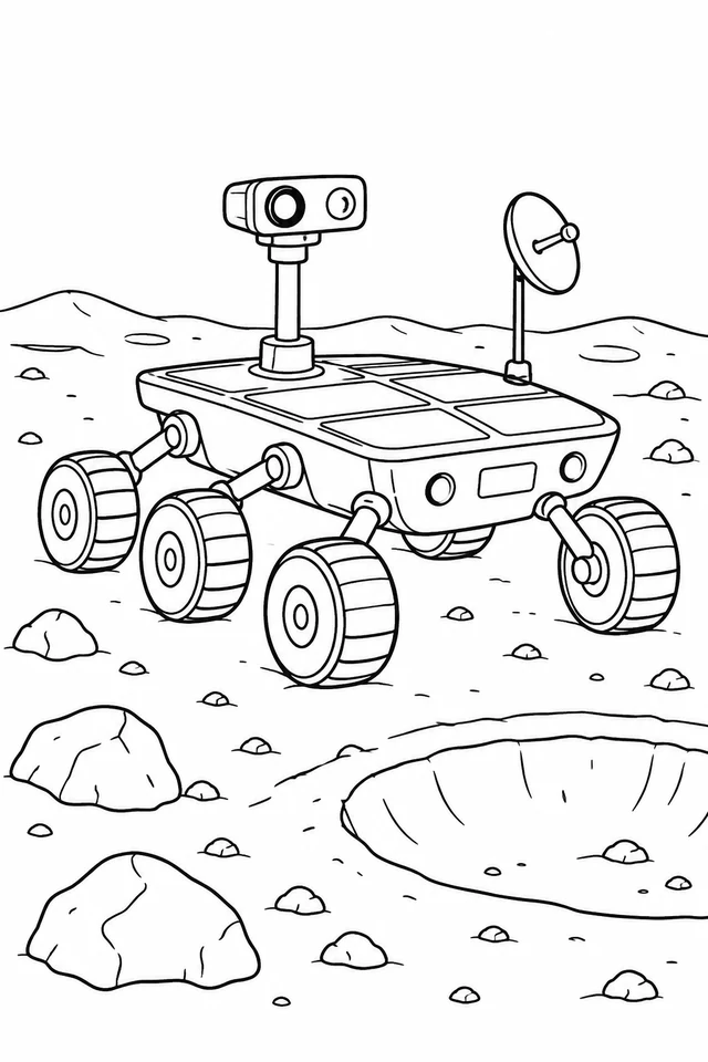 An imaginative wheeled rover with broad body panels, a camera mast and antenna moves past moon rocks and a crater.