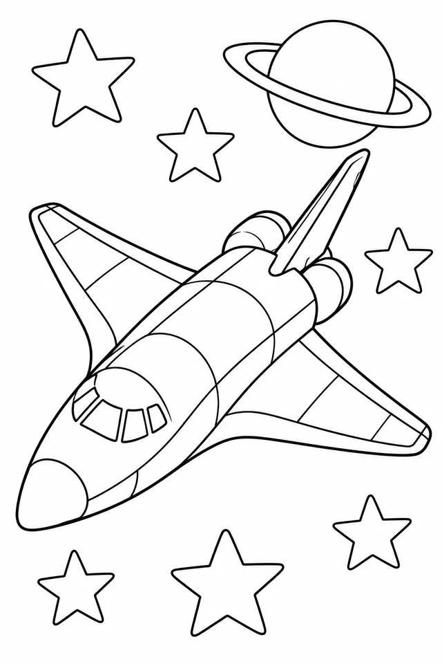 A winged space shuttle shown diagonally from above among six large outlined stars and one ringed planet.
