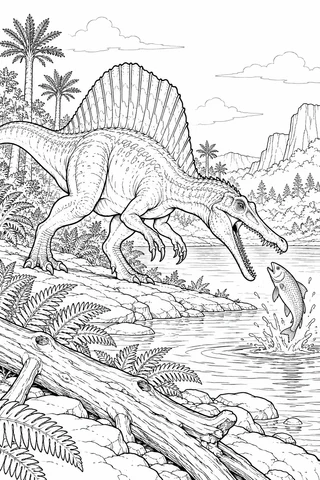 A long-snouted sail-backed dinosaur leans toward a jumping fish above a riverbank filled with ferns and a fallen log.