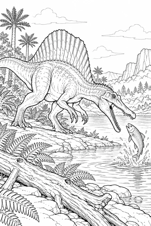 A long-snouted sail-backed dinosaur leans toward a jumping fish above a riverbank filled with ferns and a fallen log.