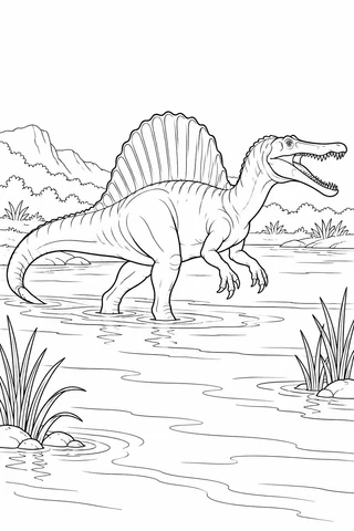 A sail-backed, long-snouted Spinosaurus-inspired dinosaur wades between a few reeds and broad river bands.